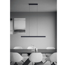 Salle à manger minimaliste avec une suspension linéaire au-dessus d une table sombre, des chaises blanches et une décoration murale moderne.