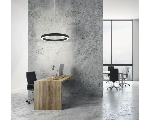 Suspension LED moderne en forme d'anneau au-dessus d'un bureau en bois dans un bureau lumineux et organisé avec mur en béton.
