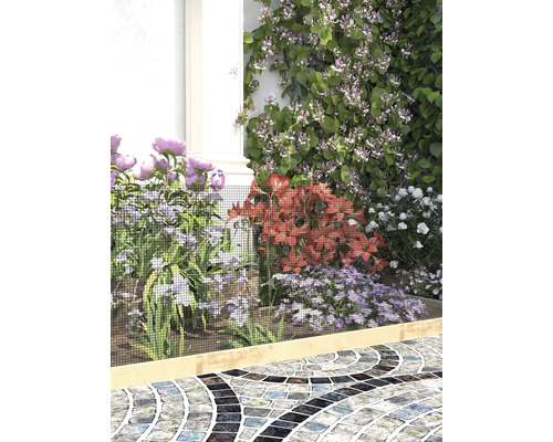 Ein feinmaschiges schwarzes Gartengitter schützt ein Blumenbeet mit Pfingstrosen, Lilien und Astern neben einem gepflasterten Weg.