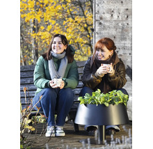 Zwei Frauen sitzen auf einer Holzbank neben einem modernen schwarzen Pflanzgefäß mit Grünpflanzen in einer herbstlichen Außenanlage.