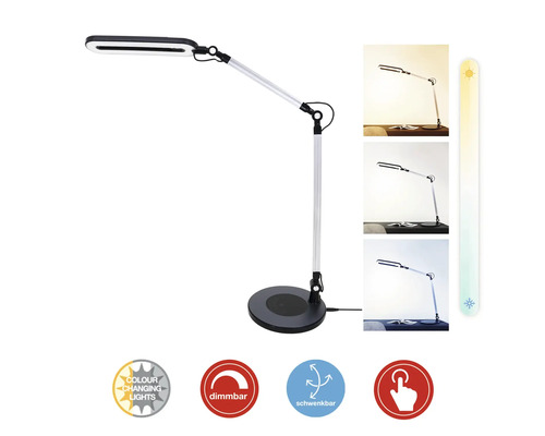 LED-Schreibtischleuchte mit verstellbarem Arm, dimmbar, einstellbare Farbtemperatur, schwenkbar und Touch-Bedienung.