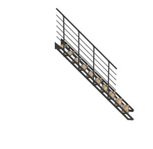 Raumspartreppe mit schwarzen Metallwangen, Holzstufen und Geländer mit horizontalen Streben.