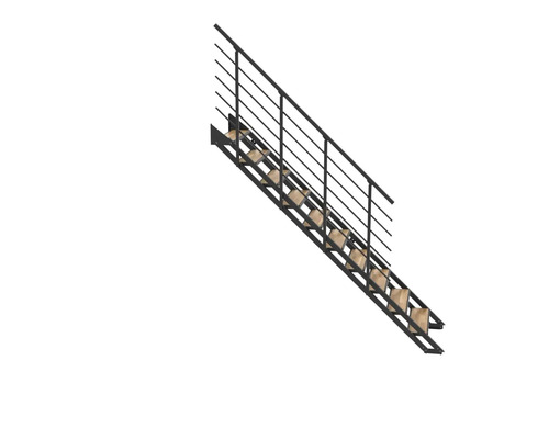 Raumspartreppe mit schwarzen Metallwangen, Holzstufen und Geländer mit horizontalen Streben.