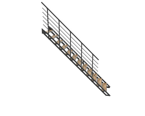 Gerade Wangentreppe mit Holzstufen und Metallgeländer.