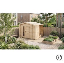 Abri de jardin en bois avec double porte, insertion vitrée et abri à bois intégré dans un jardin entretenu avec jardinières et chemin de gravier. (Image AI modified or generated)