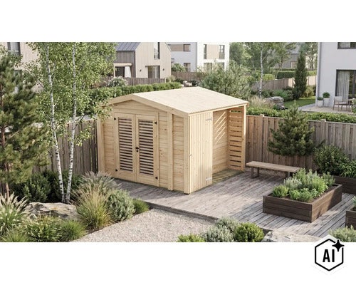 Abri de jardin en bois avec double porte et auvent attenant sur une terrasse en bois dans un jardin moderne avec jardinière surélevée. (Image AI modified or generated)