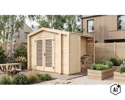 Abri de jardin en bois avec porte double et bûcher intégré dans un jardin entretenu avec terrasse en bois et bacs à plantes. (Image AI modified or generated)