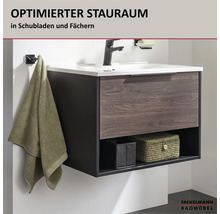 Moderner Hängewaschbeckenunterschrank mit Schublade in Holzoptik und offenem Fach für Stauraum sowie Fackelmann Badmöbel Logo.