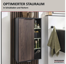 Fackelmann Badezimmer-Wandschrank mit Stauraum in beleuchteten Fächern und einer Front in Holzoptik. Fackelmann Badmöbel Logo.