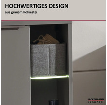 Offenes Fach eines Badschranks mit einer grauen Aufbewahrungsbox aus Polyester und integrierter LED Beleuchtung. Fackelmann Badmöbel Logo.