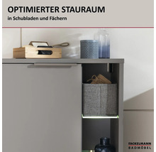 Meuble de salle de bains Fackelmann avec espace de rangement optimisé dans les compartiments et tiroirs. Fackelmann Badmöbel Logo.