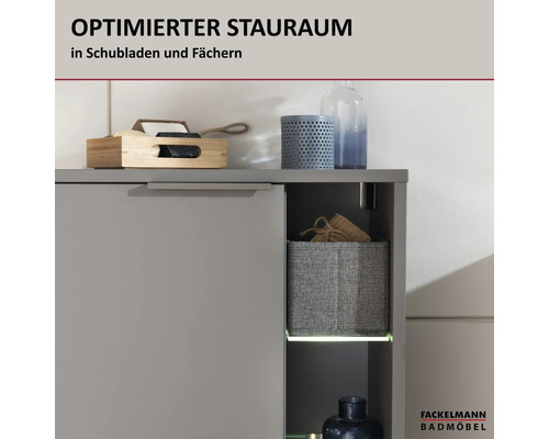 Meuble de salle de bains Fackelmann avec espace de rangement optimisé dans les compartiments et tiroirs. Fackelmann Badmöbel Logo.