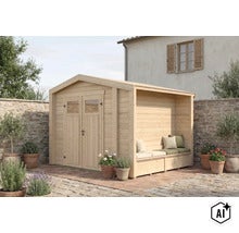 Abri de jardin en bois avec coin salon intégré et double porte, installé sur une terrasse devant un mur en pierre. (Image AI modified or generated)