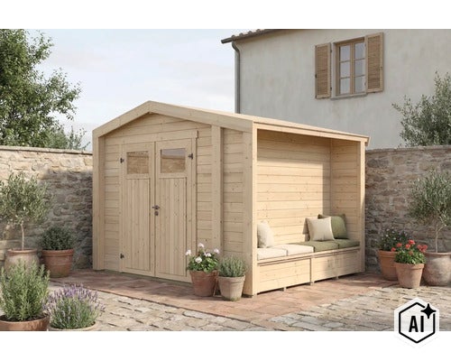 Abri de jardin en bois avec coin salon intégré et double porte, installé sur une terrasse devant un mur en pierre. (Image AI modified or generated)