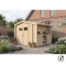 Abri de jardin en bois avec appentis intégré et plan de travail pour plantes, situé dans un jardin aménagé devant une maison en brique. (Image AI modified or generated)