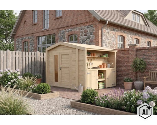 Abri de jardin en bois avec appentis intégré et espace de rangement dans un jardin devant une maison en brique. (Image AI modified or generated)