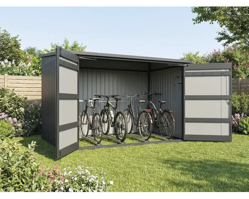 Abri à vélos en métal avec portes doubles ouvertes dans un jardin, contenant trois vélos.