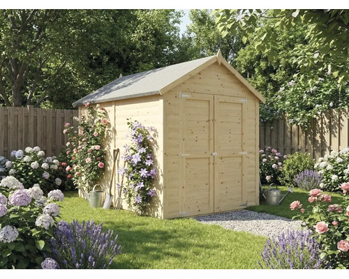 Gartenhaus aus Holz mit Satteldach und Doppeltür in einem bepflanzten Garten mit Blumen, Kiesweg und Gartengeräten. Gartenhaus aus Holz mit Satteldach und Doppeltür in einem bepflanzten Garten mit Blumen, Kiesweg und Gartengeräten.