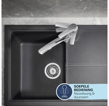 Vue de dessus d un évier de cuisine avec mitigeur. Grohe SilkMove Logo indique un fonctionnement précis et durable du robinet.