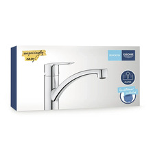 Emballage de mitigeur de cuisine Grohe avec limitation de la plage de pivotement à 140 degrés et système de fixation QuickMount.