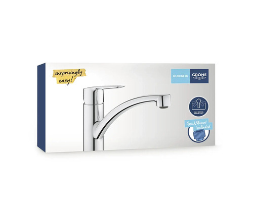 Emballage de mitigeur de cuisine Grohe avec limitation de la plage de pivotement à 140 degrés et système de fixation QuickMount.