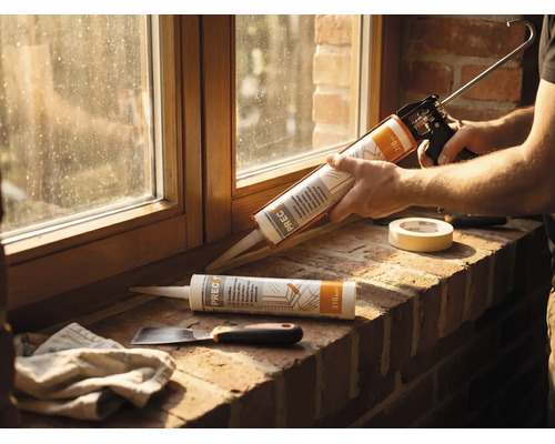 Application de mastic PRECIT avec un pistolet à cartouche sur une fenêtre en bois et un rebord en briques.
