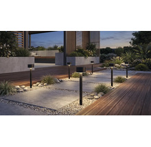 Moderne schwarze Wegeleuchten beleuchten einen organisierten Gartenweg aus Steinplatten und Kies, mit Holzterrasse und Pflanzgefäßen.
