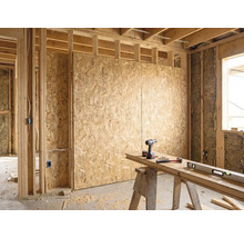 Helle Rohbau Innenansicht mit OSB-Platten an Holzständerwänden, Dämmung und ordentlicher Werkbank mit Akkuschrauber, Hammer und Wasserwaage.