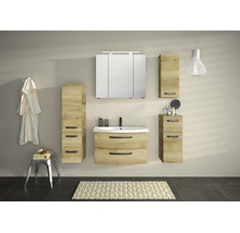 Ensemble de meubles de salle de bain aspect chêne avec sous-vasque, armoire de toilette, colonne et meubles d'appoint, design moderne et clair.