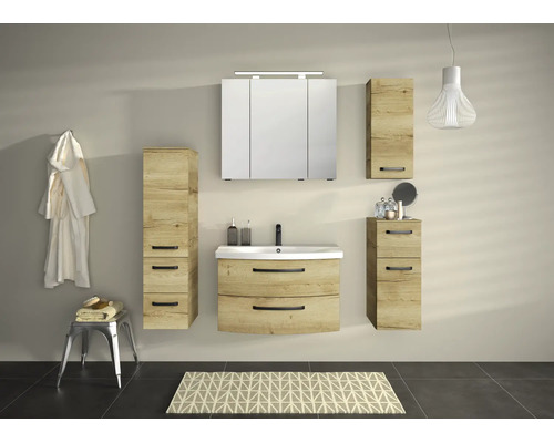 Ensemble de meubles de salle de bain aspect chêne avec sous-vasque, armoire de toilette, colonne et meubles d'appoint, design moderne et clair.