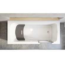 Rechteckige Badewanne mit integrierter Tür für barrierefreien Einstieg und grauem Kunststoffsitz, Ansicht von oben.