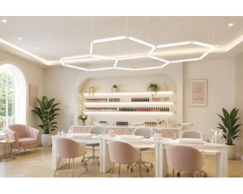 Hell beleuchtetes Nagelstudio mit großflächigen sechseckigen LED-Pendelleuchten, Maniküretischen und Regalen für Nagellack.