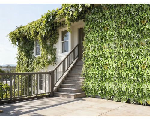 Vertikaler Garten mit künstlichen Pflanzen an einer Hausfassade neben einer Außentreppe.