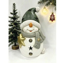Dekorativer Schneemann als Weihnachtsfigur mit spitzer Mütze, Schal und einem goldenen Stern.