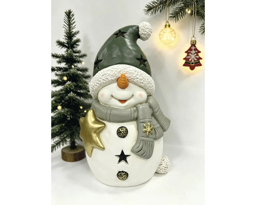 Dekorativer Schneemann als Weihnachtsfigur mit spitzer Mütze, Schal und einem goldenen Stern.