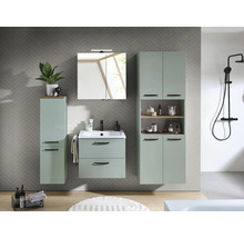 Ensemble de meubles de salle de bains moderne en vert sauge avec meuble sous-vasque, armoire de toilette, colonne et robinetterie noire.