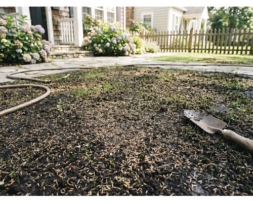 Graines de gazon fraîchement semées avec un transplantoir et un tuyau d'arrosage dans un jardin avec allée en pierre et hortensias.