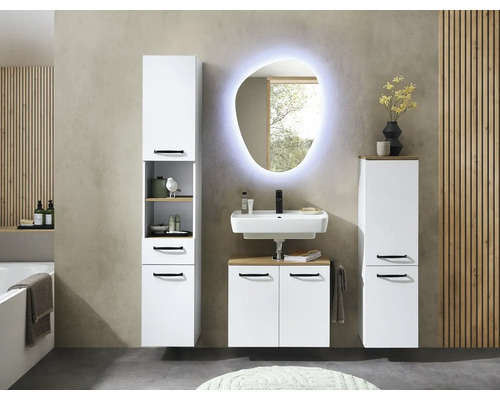 Ensemble de meubles de salle de bain blancs avec colonne, meuble sous-lavabo, lavabo en céramique, miroir LED organique et poignées noires.
