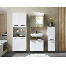 Ensemble de meubles de salle de bain blanc avec poignées noires, incluant sous-vasque, vasque en céramique, armoire de toilette et colonnes.