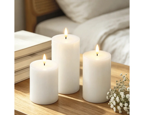 Drei weiße LED-Stumpenkerzen unterschiedlicher Höhe auf einem Holztisch neben Büchern und Blumen.