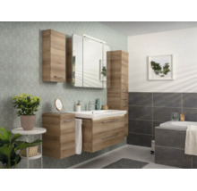 Ensemble de meubles de salle de bain moderne aspect bois avec sous-vasque, armoire de toilette et meubles dans une salle de bain lumineuse.
