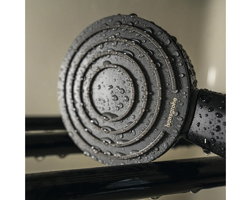 Douchette à main Hansgrohe noir mat avec disque de jet circulaire et gouttes d'eau, Hansgrohe Logo.