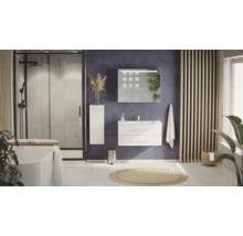 Modernes Badezimmer mit weißem Waschtischunterschrank, Spiegelschrank, Dusche mit schwarzem Rahmen und einer freistehenden Badewanne.