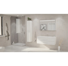 Modernes, helles Badezimmer mit weissem Waschtischunterschrank, Spiegelschrank mit Beleuchtung, Hochschrank und begehbarer Glasdusche.