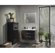 Salle de bains moderne avec meuble sous-vasque foncé, vasque blanche, miroir éclairé et armoire haute.