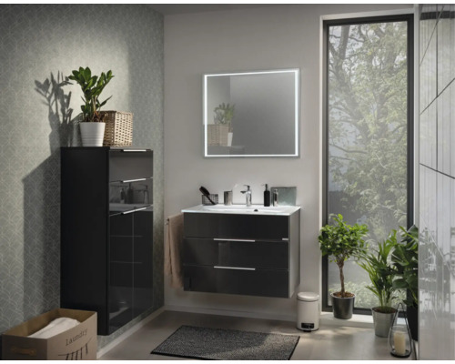 Salle de bains moderne avec meuble sous-vasque foncé, vasque blanche, miroir éclairé et armoire haute.