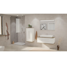 Salle de bain lumineuse et organisée avec douche en verre, meuble sous-vasque blanc, vasque à poser et armoire haute au design moderne.