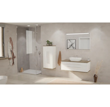 Salle de bains moderne avec douche vitrée, meuble sous-vasque blanc, vasque à poser, armoire mi-haute blanche et grand miroir éclairé.