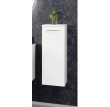 Armoire de salle de bains suspendue blanche avec une porte et une poignée horizontale.
