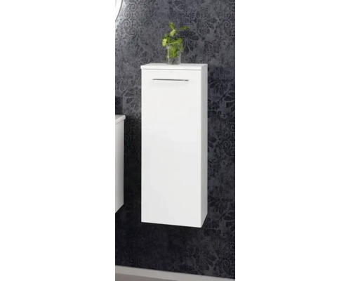 Armoire de salle de bains suspendue blanche avec une porte et une poignée horizontale.